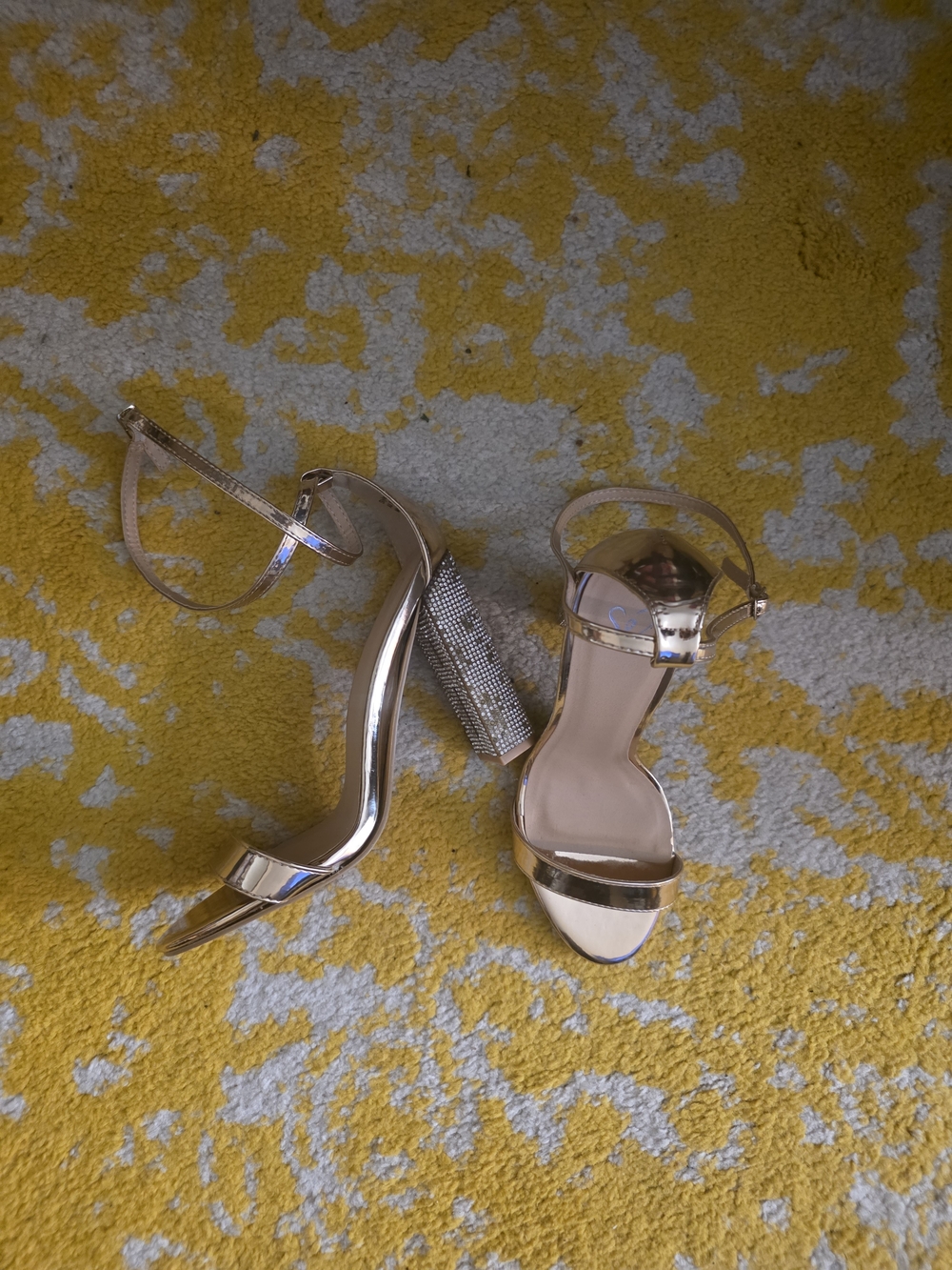 Women's Metallic Gold Crystal Block Heel Sandals